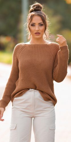 Világos barna bordázott basic kötött pulóver