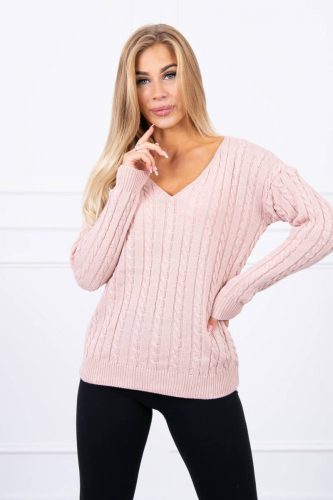 Rózsaszín V-kivágású kötött  pulóver  