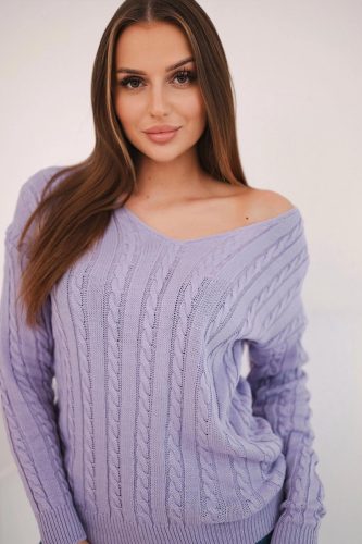 Lila V-kivágású kötött pulóver