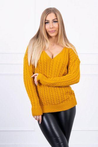 Mustár V-kivágású kötött  pulóver  