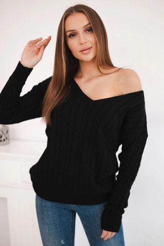 Fekete V-kivágású kötött pulóver
