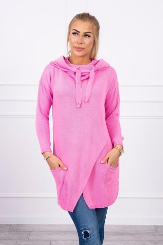 Világos rózsaszín kapucnis kötött pulóver