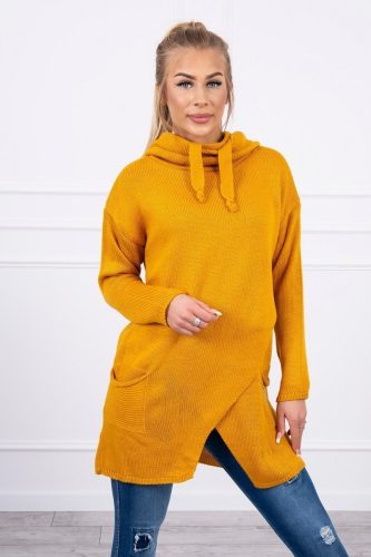 Mustár kapucnis kötött  pulóver  