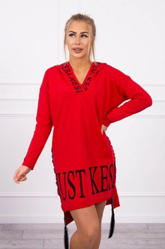 Piros feliratos aszimmetrikus  kapucnis  pulóver