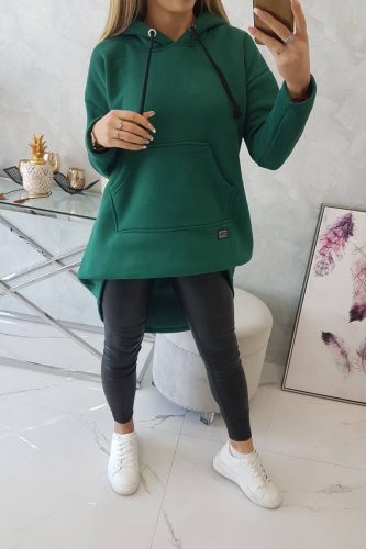 Sötétzöld kapucnis aszimmetrikus pulóver