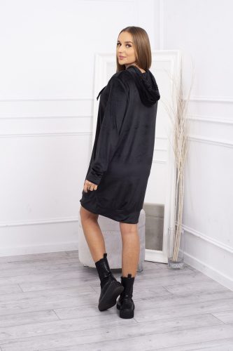 Fekete velúrhatású kapucnis  pulóver  