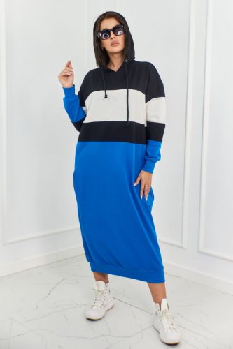Fekete kék tricolor kapucnis hosszú pulóverruha